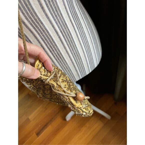 Gold satin beaded evening bag cross body purse - Picture 6 of 9